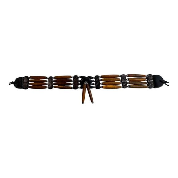 Handcrafted Ethnic Tribal Choker Necklace Adjustable Cord Long Wooden Beads - Picture 5 of 8